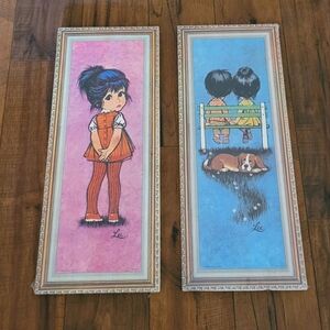 Vintage 1971 Lee Big Eye Kids & Dog Cork Board Wall‎ Hangings Set